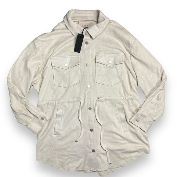 Blank NYC Shacket WMNS L Beige Snap Tied Jacket Longline Faux Suede Flap Pockets - Picture 2 of 14